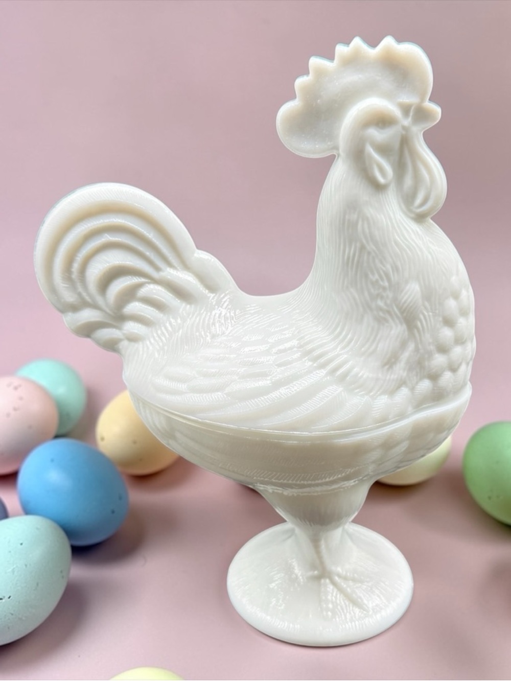 Rosso White Milk Glass Standing Rooster Pedestal Candy Dish Vintage Hen On Nest